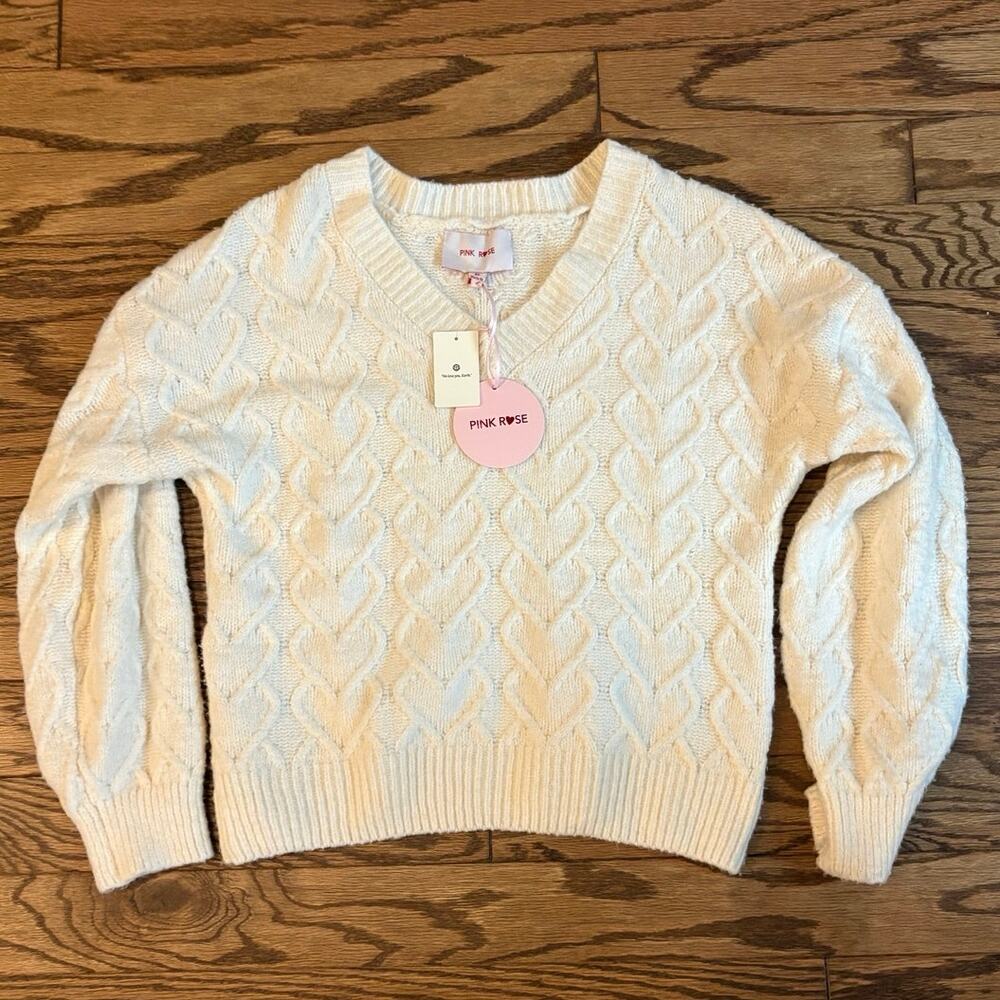 Pink Rose Womens XS White Heart Soft Knit‎ V Neck Sweater NWT